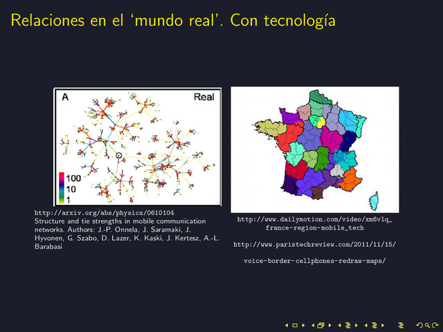Relaciones en el ‘mundo real’. Con tecnolog´
ıa
http://arxiv.org/abs/physics/0610104
Structure and tie strengths in mobile communication
networks. Authors: J.-P. Onnela, J. Saramaki, J.
Hyvonen, G. Szabo, D. Lazer, K. Kaski, J. Kertesz, A.-L.
Barabasi
http://www.dailymotion.com/video/xm6vlq_
france-region-mobile_tech
http://www.paristechreview.com/2011/11/15/
voice-border-cellphones-redraw-maps/
