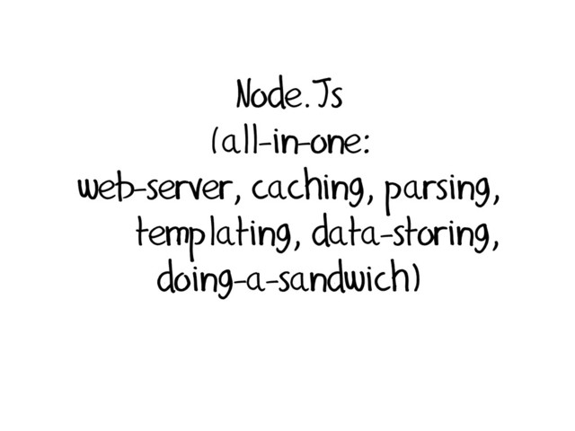 Node.Js
(all-in-one:
web-server, caching, parsing,
templating, data-storing,
doing-a-sandwich)
