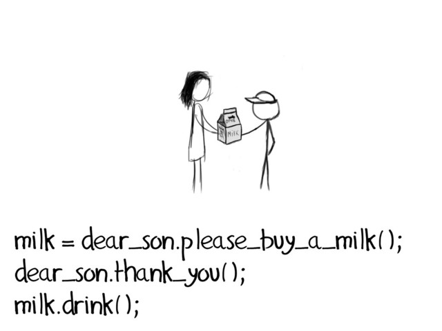 milk = dear_son.please_buy_a_milk();
dear_son.thank_you();
milk.drink();
