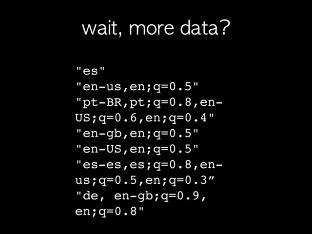 wait,	 more	 data?
"es"
"en-us,en;q=0.5"
"pt-BR,pt;q=0.8,en-
US;q=0.6,en;q=0.4"
"en-gb,en;q=0.5"
"en-US,en;q=0.5"
"es-es,es;q=0.8,en-
us;q=0.5,en;q=0.3”
"de, en-gb;q=0.9,
en;q=0.8"
