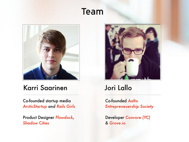 Karri Saarinen
Co-founded startup media
ArcticStartup and Rails Girls
Product Designer Flowdock,
Shadow Cities
Jori Lallo
Co-founded Aalto
Entrepreneuership Society
Developer Convore (YC)
& Grove.io
Team

