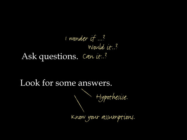 Ask questions.
Look for some answers.
I wonder if ...?
Would it..?
Can it..?
Hypothesise.
Know your assumptions.
