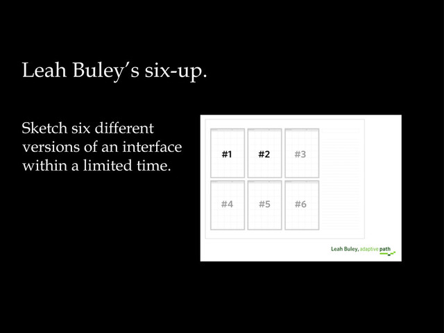 Leah Buley’s six-up.
Sketch six different
versions of an interface
within a limited time.
