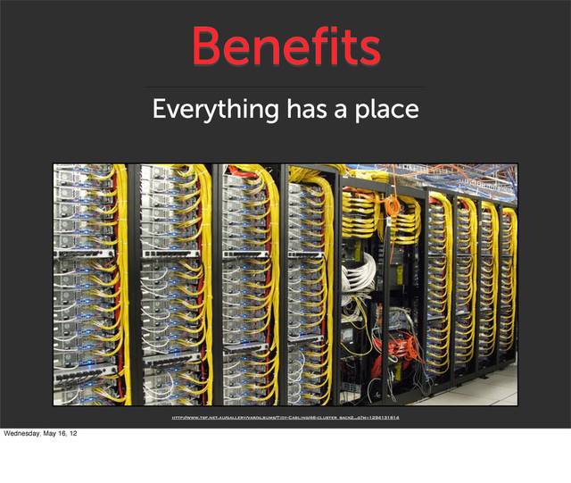Benefits
Everything has a place
http://www.tsf.net.au/gallery/var/albums/Tidy-Cabling/46-cluster_back2.„g?m=1294131614
Wednesday, May 16, 12
