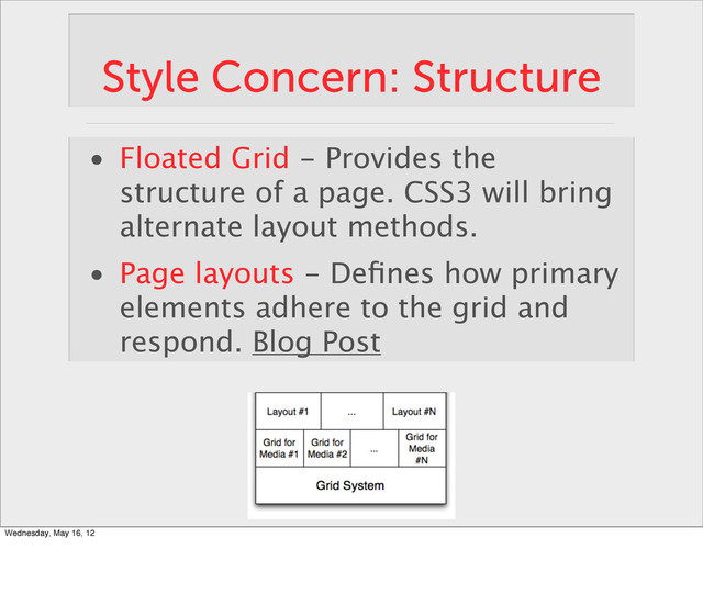 Style Concern: Structure
• Floated Grid - Provides the
structure of a page. CSS3 will bring
alternate layout methods.
• Page layouts - Deﬁnes how primary
elements adhere to the grid and
respond. Blog Post
Wednesday, May 16, 12
