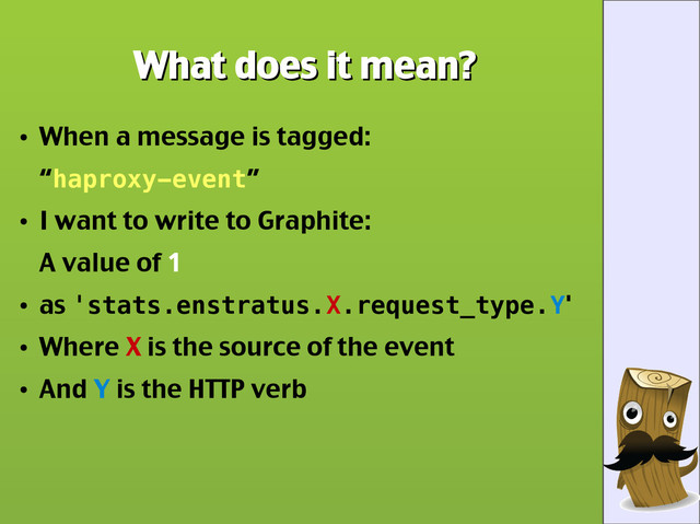 What does it mean?
What does it mean?
●
When a message is tagged:
“haproxy-event”
●
I want to write to Graphite:
A value of 1
●
as 'stats.enstratus.X.request_type.Y'
●
Where X is the source of the event
●
And Y is the HTTP verb
