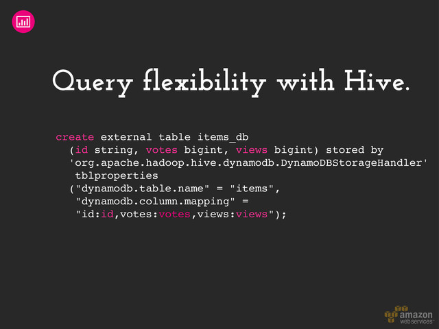 Query flexibility with Hive.
create external table items_db
(id string, votes bigint, views bigint) stored by
'org.apache.hadoop.hive.dynamodb.DynamoDBStorageHandler'
tblproperties
("dynamodb.table.name" = "items",
"dynamodb.column.mapping" =
"id:id,votes:votes,views:views");
