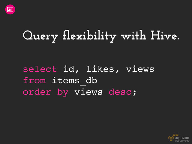 Query flexibility with Hive.
select id, likes, views
from items_db
order by views desc;
