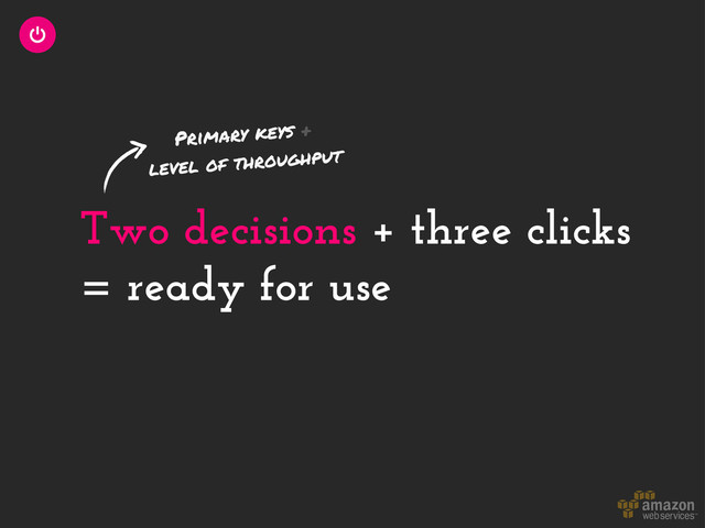 Two decisions + three clicks
= ready for use
Primary keys +
level of throughput
