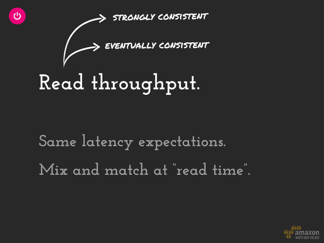 Read throughput.
Mix and match at “read time”.
Same latency expectations.
strongly consistent
eventually consistent
