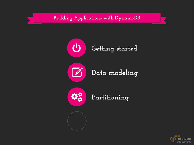 Building Applications with DynamoDB
Getting started
Data modeling
Partitioning
