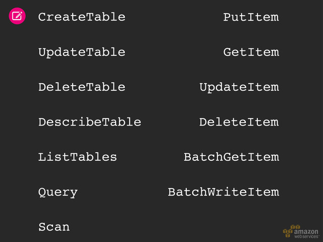 CreateTable
UpdateTable
DeleteTable
DescribeTable
ListTables
PutItem
GetItem
UpdateItem
DeleteItem
BatchGetItem
BatchWriteItem
Query
Scan
