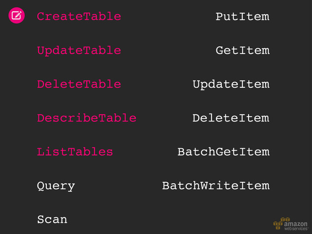 CreateTable
UpdateTable
DeleteTable
DescribeTable
ListTables
PutItem
GetItem
UpdateItem
DeleteItem
BatchGetItem
BatchWriteItem
Query
Scan
