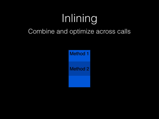 Inlining
Combine and optimize across calls
Method 1
Method 2
