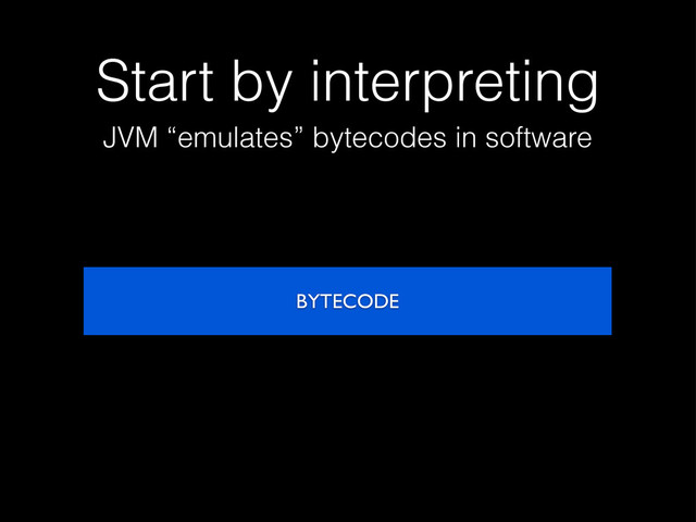 Start by interpreting
JVM “emulates” bytecodes in software
BYTECODE
