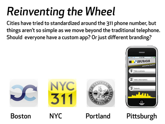 Boston NYC Portland Pisburgh
Reinventing the Wheel
Cities have tried to standardized around the 311 phone number, but
things aren’t so simple as we move beyond the traditional telephone.
Should everyone have a custom app? Or just diﬀerent branding?
