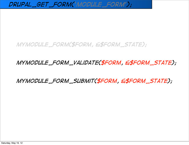 drupal_get_form(‘module_form’);
mymodule_form($form, &$form_state);
mymodule_form_validate($form, &$form_state);
mymodule_form_submit($form, &$form_state);
Saturday, May 19, 12

