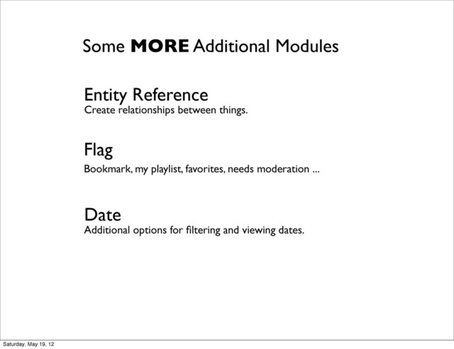 Some MORE Additional Modules
Entity Reference
Flag
Date
Create relationships between things.
Bookmark, my playlist, favorites, needs moderation ...
Additional options for ﬁltering and viewing dates.
Saturday, May 19, 12
