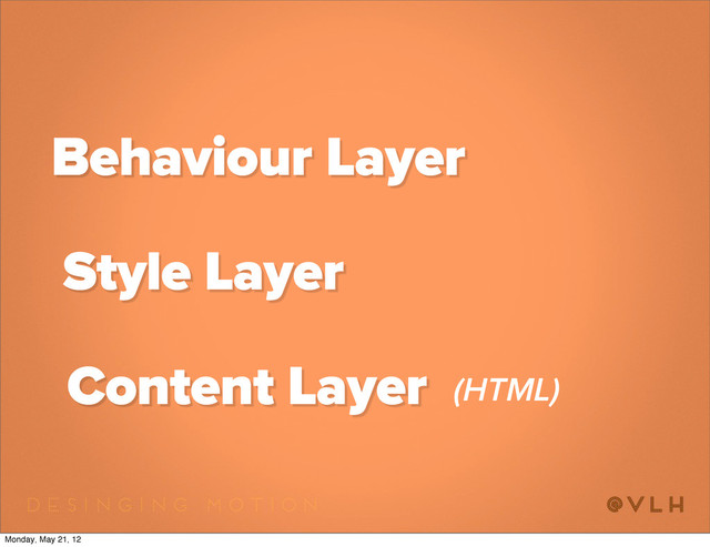 Content Layer
Style Layer
Behaviour Layer
(HTML)
Monday, May 21, 12
