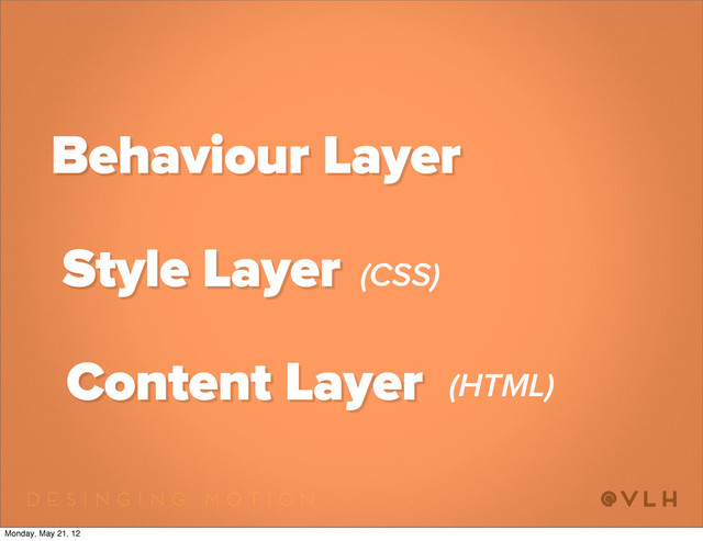 Content Layer
Style Layer
Behaviour Layer
(CSS)
(HTML)
Monday, May 21, 12
