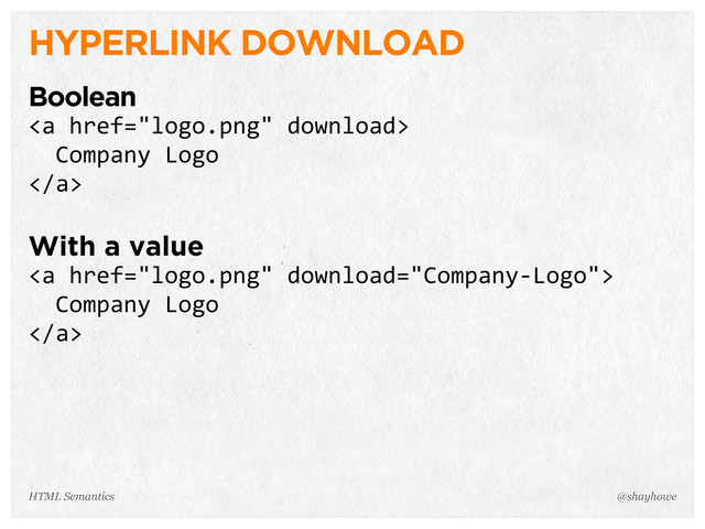 HYPERLINK DOWNLOAD
Boolean
<a>
    Company  Logo
</a>
With a value
<a>
    Company  Logo
</a>
@shayhowe
HTML Semantics

