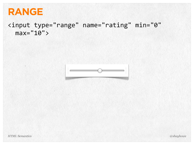 RANGE

@shayhowe
HTML Semantics
