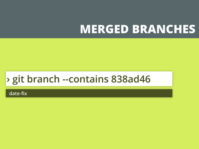 MERGED BRANCHES
› git branch --contains 838ad46
date-ﬁx
