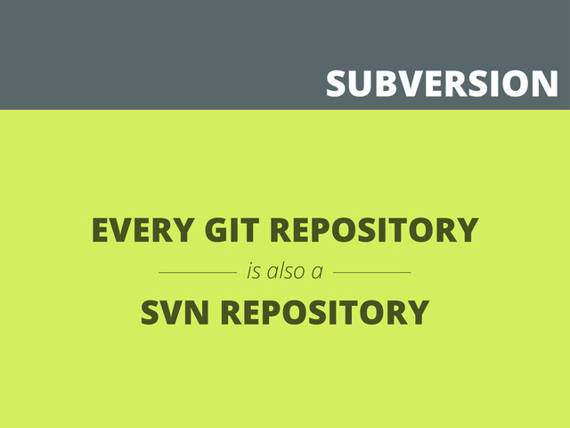 SUBVERSION
EVERY GIT REPOSITORY
SVN REPOSITORY
is also a
