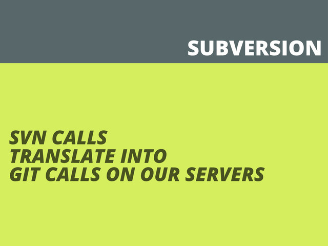 SUBVERSION
SVN CALLS
TRANSLATE INTO
GIT CALLS ON OUR SERVERS
