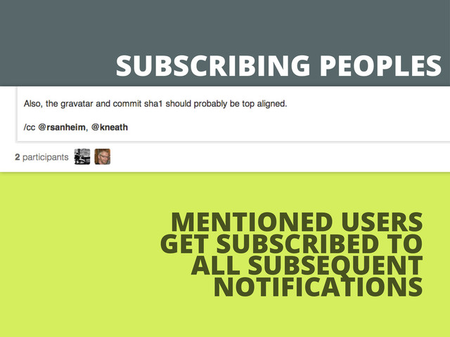 SUBSCRIBING PEOPLES
MENTIONED USERS
GET SUBSCRIBED TO
ALL SUBSEQUENT
NOTIFICATIONS
