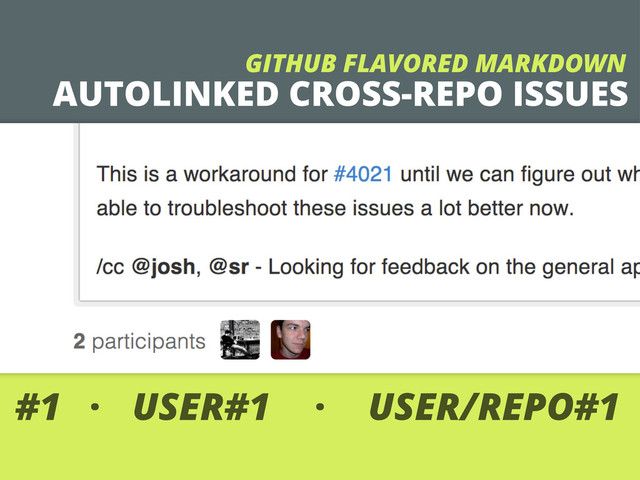 AUTOLINKED CROSS-REPO ISSUES
GITHUB FLAVORED MARKDOWN
#1 USER#1
· USER/REPO#1
·
