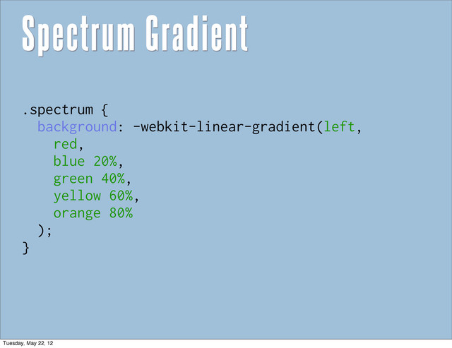 Spectrum Gradient
.spectrum {
background: -webkit-linear-gradient(left,
red,
blue 20%,
green 40%,
yellow 60%,
orange 80%
);
}
Tuesday, May 22, 12
