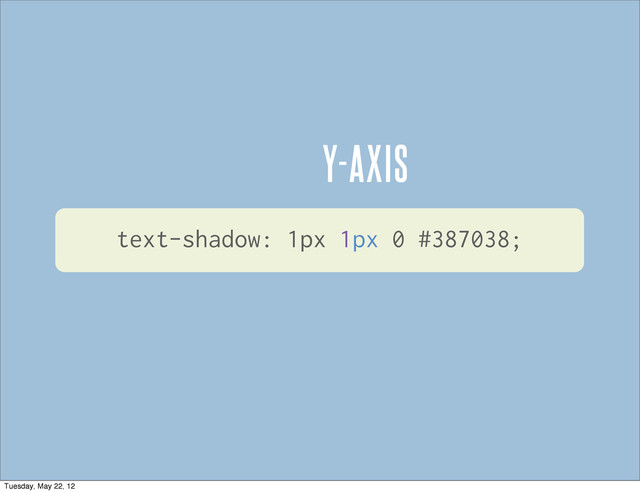 Y-AXIS
text-shadow: 1px 1px 0 #387038;
Tuesday, May 22, 12
