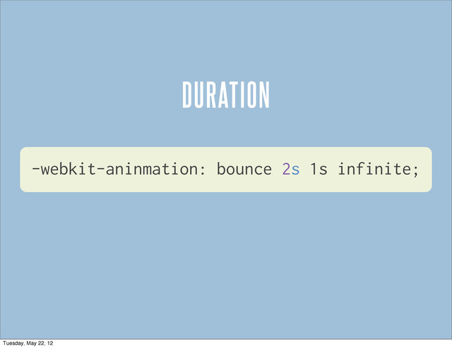 -webkit-aninmation: bounce 2s 1s infinite;
DURATION
Tuesday, May 22, 12
