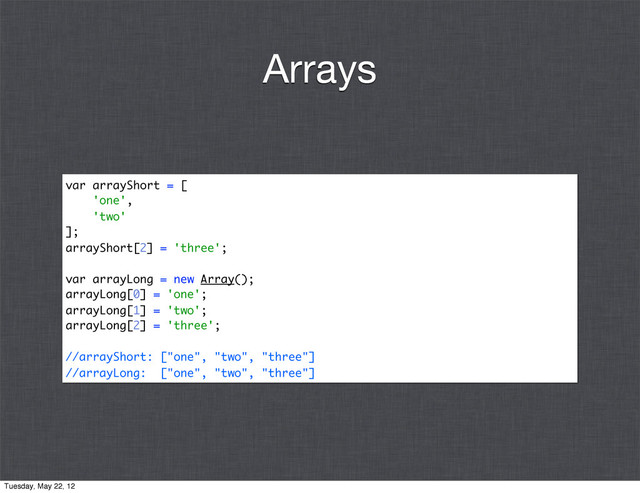 var arrayShort = [
'one',
'two'
];
arrayShort[2] = 'three';
var arrayLong = new Array();
arrayLong[0] = 'one';
arrayLong[1] = 'two';
arrayLong[2] = 'three';
//arrayShort: ["one", "two", "three"]
//arrayLong: ["one", "two", "three"]
Arrays
Tuesday, May 22, 12
