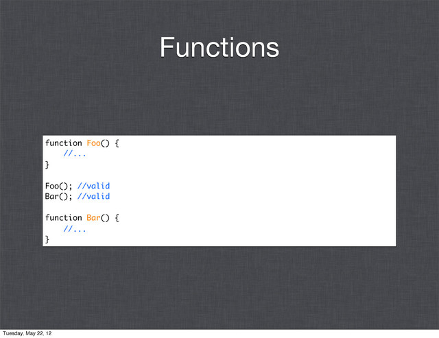 function Foo() {
//...
}
Foo(); //valid
Bar(); //valid
function Bar() {
//...
}
Functions
Tuesday, May 22, 12
