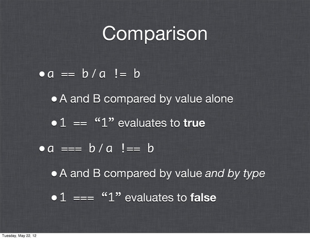 Comparison
•a == b / a != b
•A and B compared by value alone
•1 == “1” evaluates to true
•a === b / a !== b
•A and B compared by value and by type
•1 === “1” evaluates to false
Tuesday, May 22, 12
