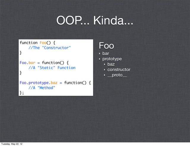 Foo
‣ bar
‣ prototype
‣ baz
‣ constructor
‣ __proto__
function Foo() {
//The "Constructor"
}
Foo.bar = function() {
//A "Static" Function
}
Foo.prototype.baz = function() {
//A "Method"
};
OOP... Kinda...
Tuesday, May 22, 12
