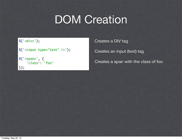 Creates a DIV tag
Creates an input (text) tag
Creates a span with the class of foo
$('<div>');
$('');
$('<span>', {
'class': 'foo'
});
DOM Creation
Tuesday, May 22, 12
</span>
</div>