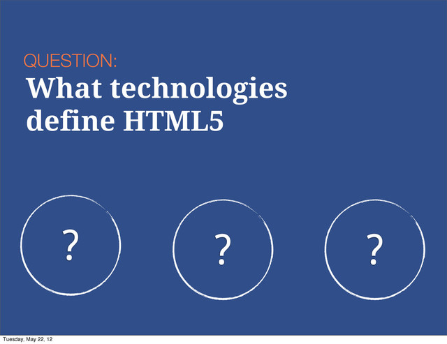 ? ? ?
QUESTION:
What technologies
define HTML5
Tuesday, May 22, 12
