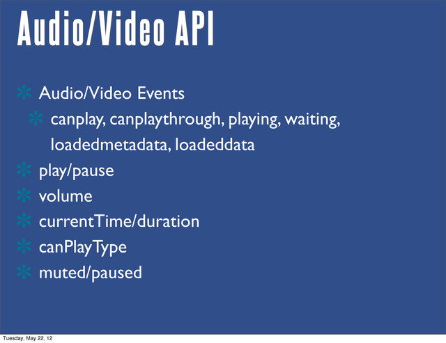 Audio/Video API
Audio/Video Events
canplay, canplaythrough, playing, waiting,
loadedmetadata, loadeddata
play/pause
volume
currentTime/duration
canPlayType
muted/paused
Tuesday, May 22, 12

