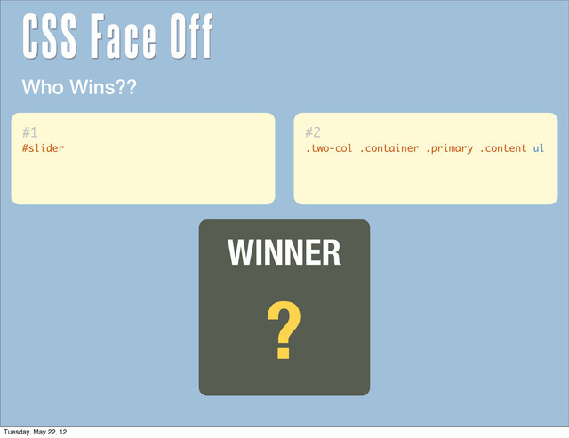 Who Wins??
?
WINNER
#1
#slider
#2
.two-col .container .primary .content ul
CSS Face Off
Tuesday, May 22, 12
