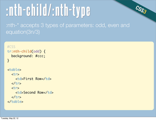 #CSS
tr:nth-child(odd) {
background: #ccc;
}


First Row


Second Row


:nth-* accepts 3 types of parameters: odd, even and
equation(3n/3)
CSS3
:nth-child/:nth-type
Tuesday, May 22, 12
