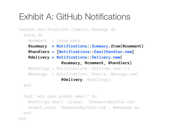 Exhibit A: GitHub Notiﬁcations
context Notifications::Emails::Message do
setup do
@comment = Issue.make
@summary = Notifications::Summary.from(@comment)
@handlers = [Notifications::EmailHandler.new]
@delivery = Notifications::Delivery.new(
@summary, @comment, @handlers)
@settings = Notifications::Settings.new(-1)
@message = Notifications::Emails::Message.new(
@delivery, @settings)
end
test "#to uses global email" do
@settings.email :global, 'bkeepers@github.com'
assert_equal 'bkeepers@github.com', @message.to
end
end
