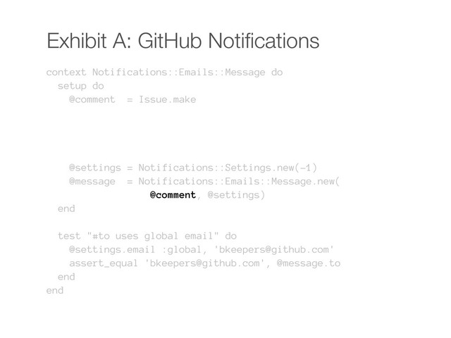 Exhibit A: GitHub Notiﬁcations
context Notifications::Emails::Message do
setup do
@comment = Issue.make
@settings = Notifications::Settings.new(-1)
@message = Notifications::Emails::Message.new(
@comment, @settings)
end
test "#to uses global email" do
@settings.email :global, 'bkeepers@github.com'
assert_equal 'bkeepers@github.com', @message.to
end
end

