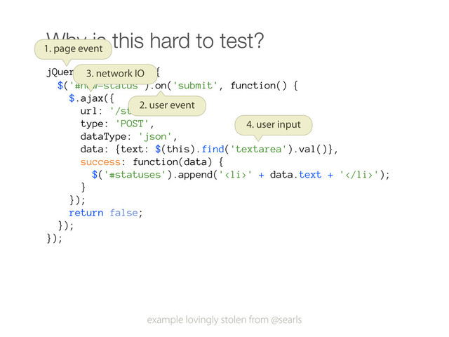 Why is this hard to test?
jQuery(function($) {
$('#new-status').on('submit', function() {
$.ajax({
url: '/statuses',
type: 'POST',
dataType: 'json',
data: {text: $(this).find('textarea').val()},
success: function(data) {
$('#statuses').append('<li>' + data.text + '</li>');
}
});
return false;
});
});
1. page event
2. user event
3. network IO
4. user input
example lovingly stolen from @searls
