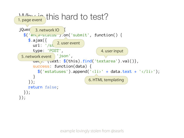 Why is this hard to test?
jQuery(function($) {
$('#new-status').on('submit', function() {
$.ajax({
url: '/statuses',
type: 'POST',
dataType: 'json',
data: {text: $(this).find('textarea').val()},
success: function(data) {
$('#statuses').append('<li>' + data.text + '</li>');
}
});
return false;
});
});
1. page event
2. user event
3. network IO
4. user input
5. network event
6. HTML templating
example lovingly stolen from @searls

