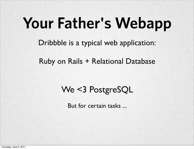 Your Father's Webapp
Dribbble is a typical web application:
Ruby on Rails + Relational Database
We <3 PostgreSQL
But for certain tasks ...
Thursday, June 9, 2011
