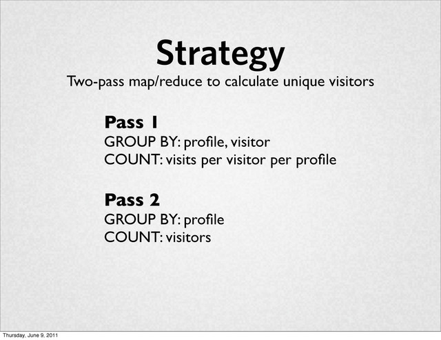 Strategy
Two-pass map/reduce to calculate unique visitors
Pass 1
GROUP BY: proﬁle, visitor
COUNT: visits per visitor per proﬁle
Pass 2
GROUP BY: proﬁle
COUNT: visitors
Thursday, June 9, 2011

