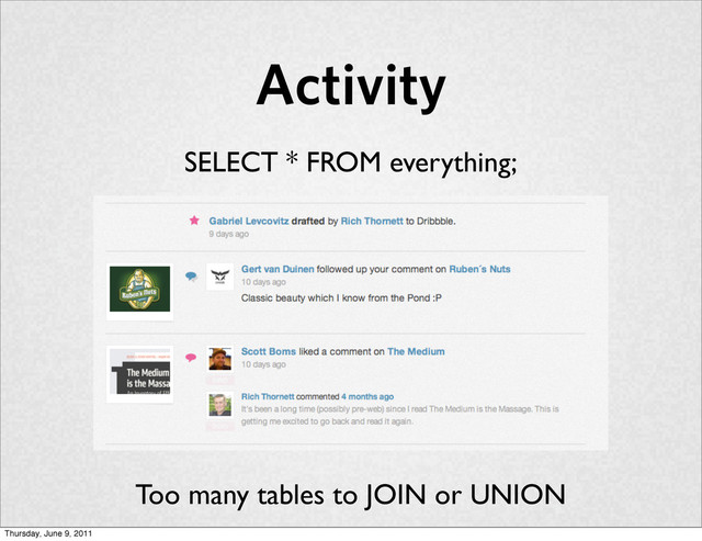 Activity
SELECT * FROM everything;
Too many tables to JOIN or UNION
Thursday, June 9, 2011
